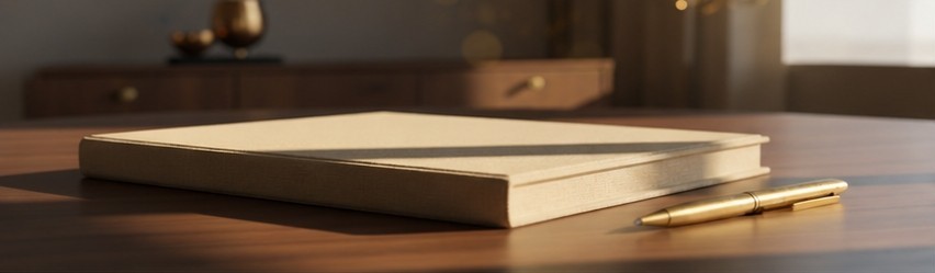 A leather-bound memorial book with a gold pen on a desk